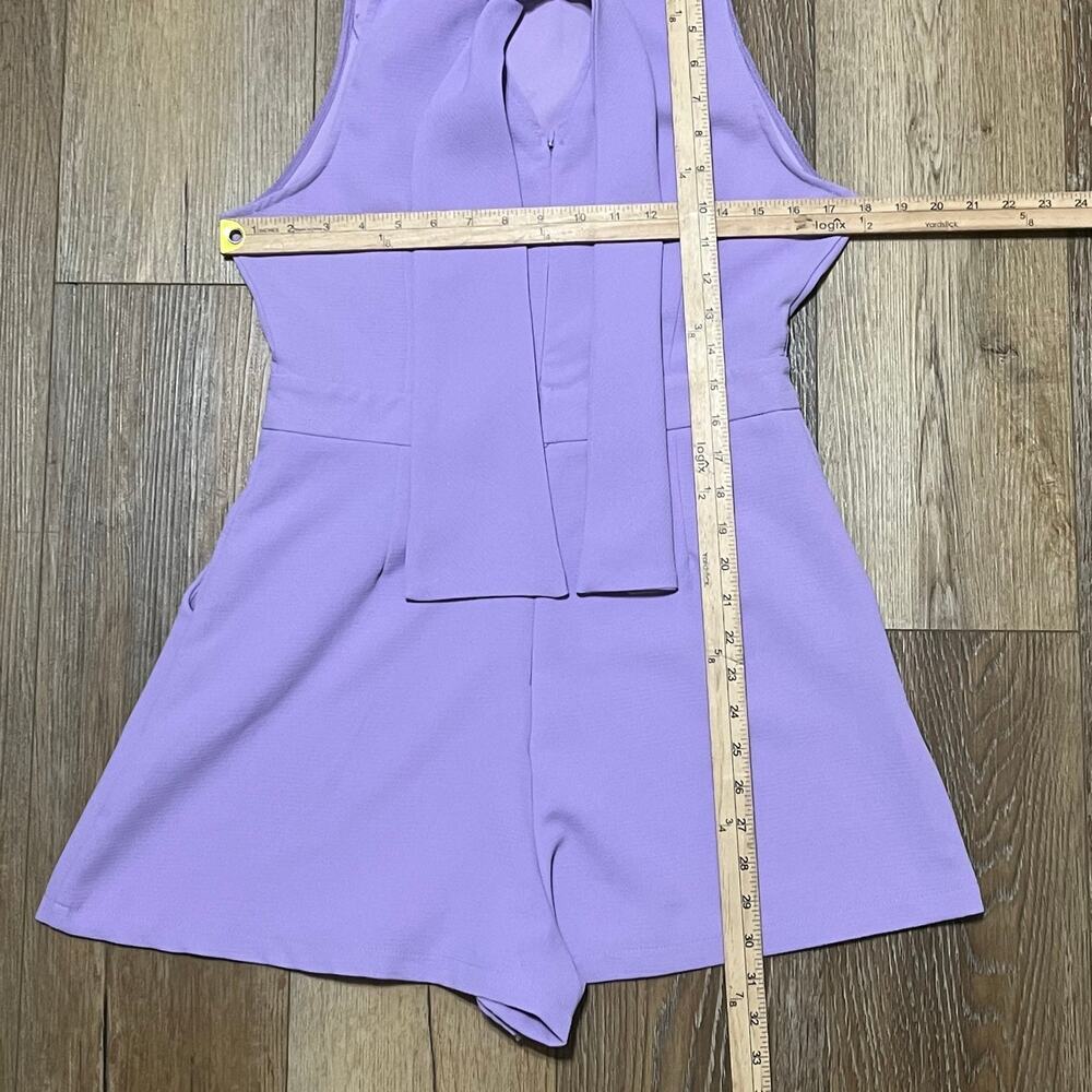 Do + Be Lilac Purple Ruffle Neck Shorts Romper Womens L Tie Bow Back Resort Wear - Picture 7 of 7